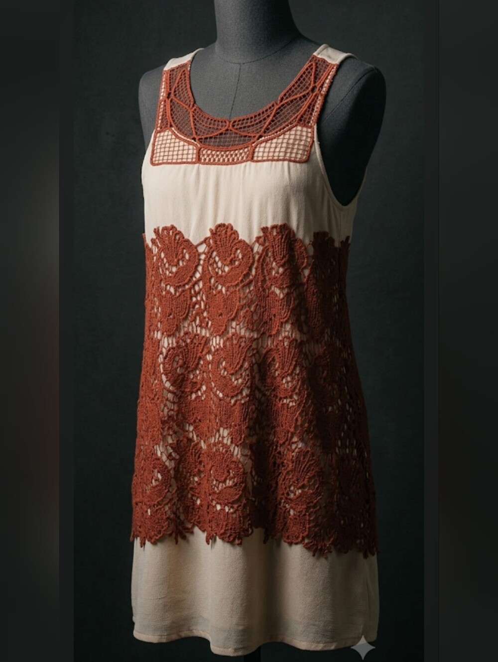 blu pepper Tank Dress Cream with Rust Crochet Overlay Women's Size Large